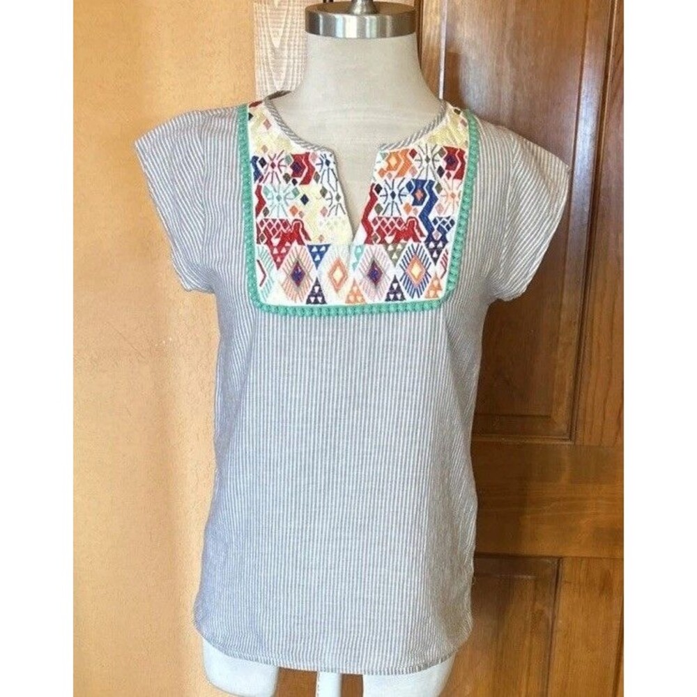 THML Boho Striped Top Sz Small Embroidered Festival Lightweight Gray Cotton